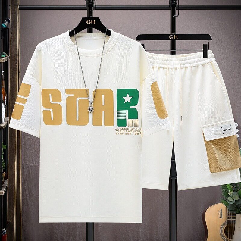 休闲运动套装男夏季潮牌宽松青少年学生T恤帅气搭配短袖短裤一套