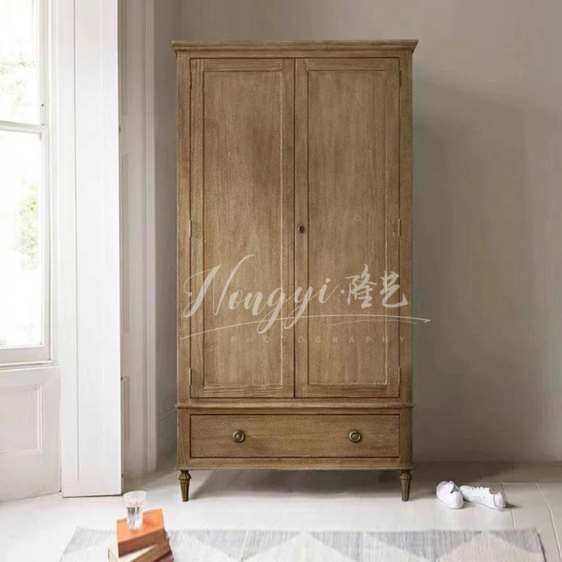 美式乡村实木复古做旧双门衣柜法式储物柜简约卧室两门衣橱