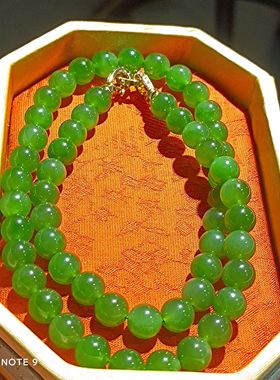 新疆和田碧玉项链阳绿8mm绿颗颗圆润 天然玉石挂链