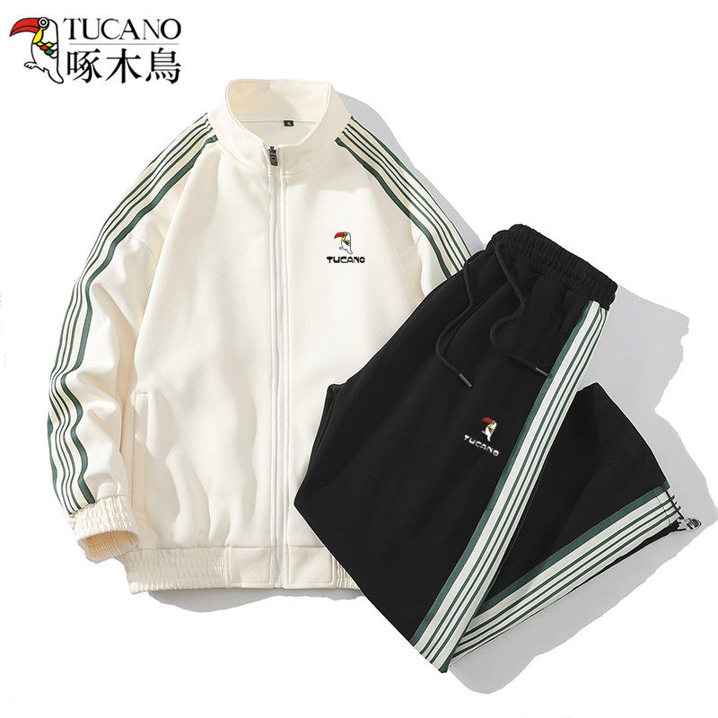 啄木鸟纯棉休闲运动套装男2024新款春秋季情侣外套女跑步运动服