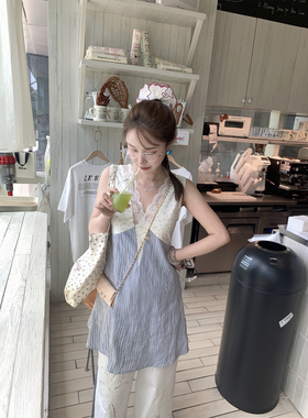 IKOON蕾丝碎花夏天巨好看连衣裙叠穿法式V领收腰裙子女夏2025新款