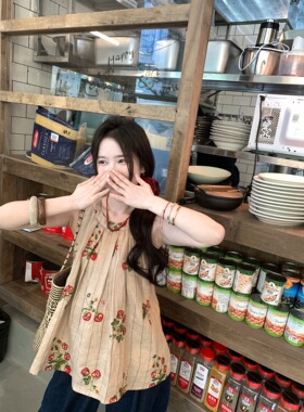 会复活！IKOON重工草莓刺绣色织全亚麻娃娃衫无袖背心上衣女夏a字