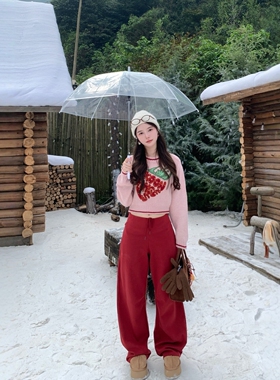 秋冬抽绳380克磨毛酒红色小个子卫裤子遮跨显瘦香蕉裤卫裤