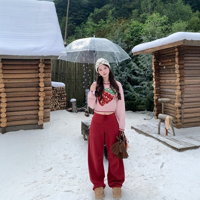 秋冬抽绳380克磨毛酒红色小个子卫裤子遮跨显瘦香蕉裤卫裤