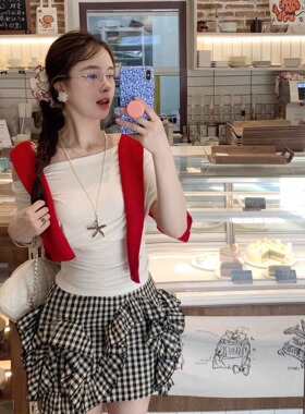 IKOON2025新款木耳边蛋糕黑白格子花苞半身裙女夏短裙伯克利半裙