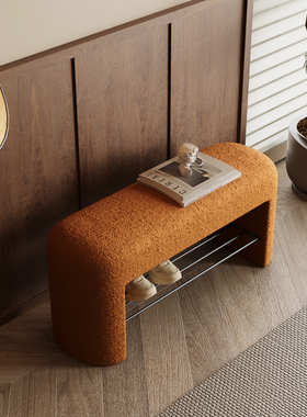 奶油风入户换鞋凳家用门口轻奢羊羔绒鞋柜一体可坐穿鞋长条凳子