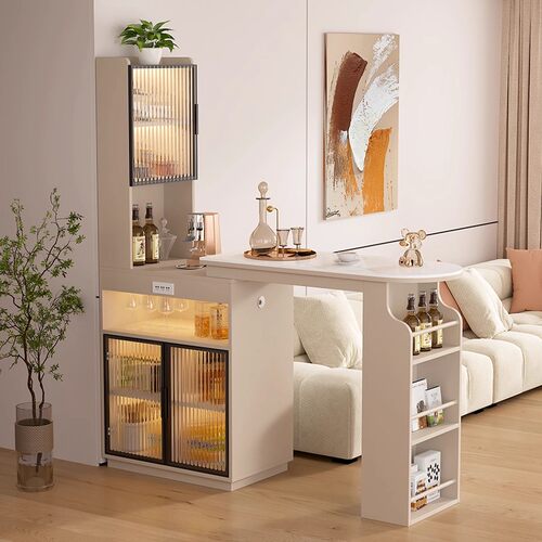 奶油风岩板吧台桌可伸缩餐边柜