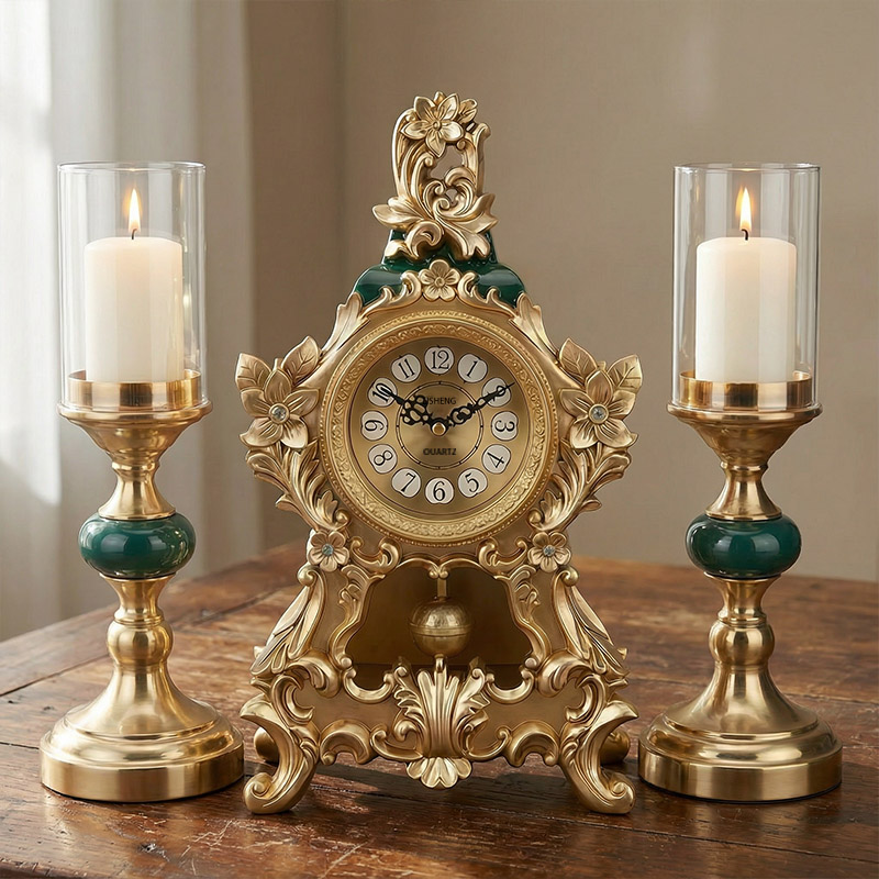 欧式摇摆座钟客厅装饰时钟玄关烛台摆件家用创意桌面台钟石英钟表
