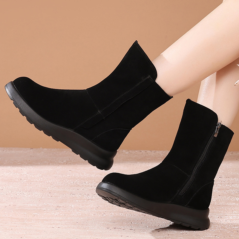 磨砂牛皮中筒靴冬季妈妈雪地棉靴