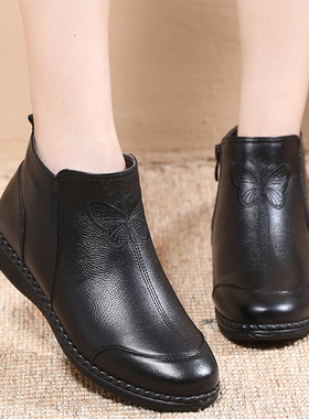 冬款33小码中老年人女棉鞋平底软底妈妈棉皮鞋4143大码真牛皮短靴