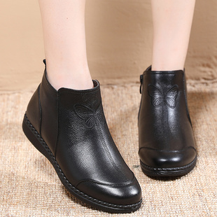 冬款33小码中老年人女棉鞋平底软底妈妈棉皮鞋4143大码真牛皮短靴
