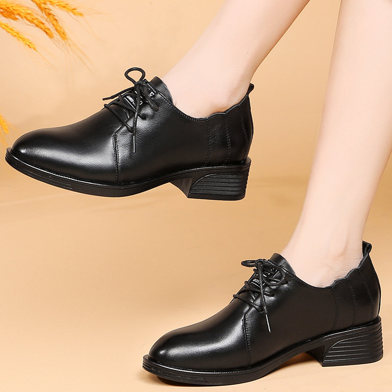 英伦风黑色系带小皮鞋女秋季真皮粗跟女鞋中年软底800525
