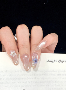 手工粉紫猫眼立体花穿戴甲