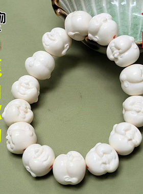 天然鹿角雕刻弥勒佛头手串原白色带血丝纹点黄斑高密手链文玩珠串