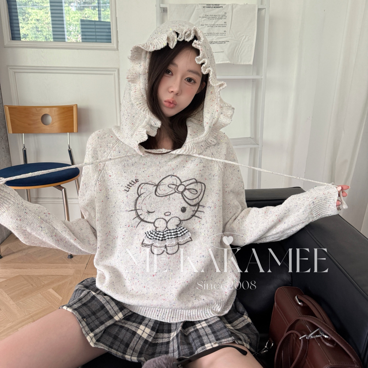 ME KAKAMEE-系蕾丝裙摆KT彩纱混纺工艺木耳边连帽毛衣
