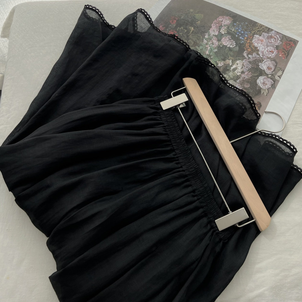 云朵黑裙。原创自制2023夏新款精纺天然苎麻中长款半身裙拼接蕾丝