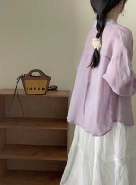 温温柔柔的浅紫。独家定染天然工艺皱高支苎麻长袖衬衫女宽松自制