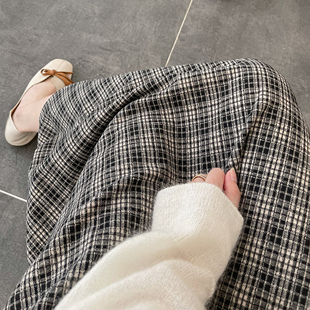 出口好面料 a字半身裙后开叉 自制复古黑白格子弹力羊毛呢中长款