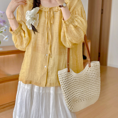 JU显白的嫩黄！！重工炒色酵洗100支苎麻娃娃花边领上衣女夏自制