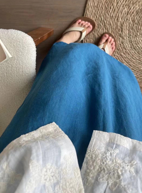 独家自制 砂洗亚麻A字中长款后开叉显瘦半身裙嫩粉色显白蒲蓝2024