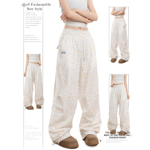 薄款 DUSK 女宽松休闲直筒ins休闲裤 慵懒风星星满印抽绳阔腿裤 美式