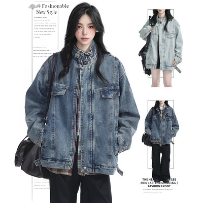 DUSK美式街头潮牌重工水洗机车风牛仔外套女春秋季宽松中性风夹克