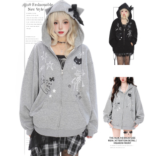 DUSK宅萌感猫耳绑带连帽小众宽松设计感印花卫衣拉链开衫 春秋外套