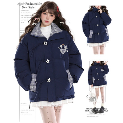 DUSK甜酷美拉德风棉服外套女冬季立领加厚面包服格子拼接棉衣棉袄