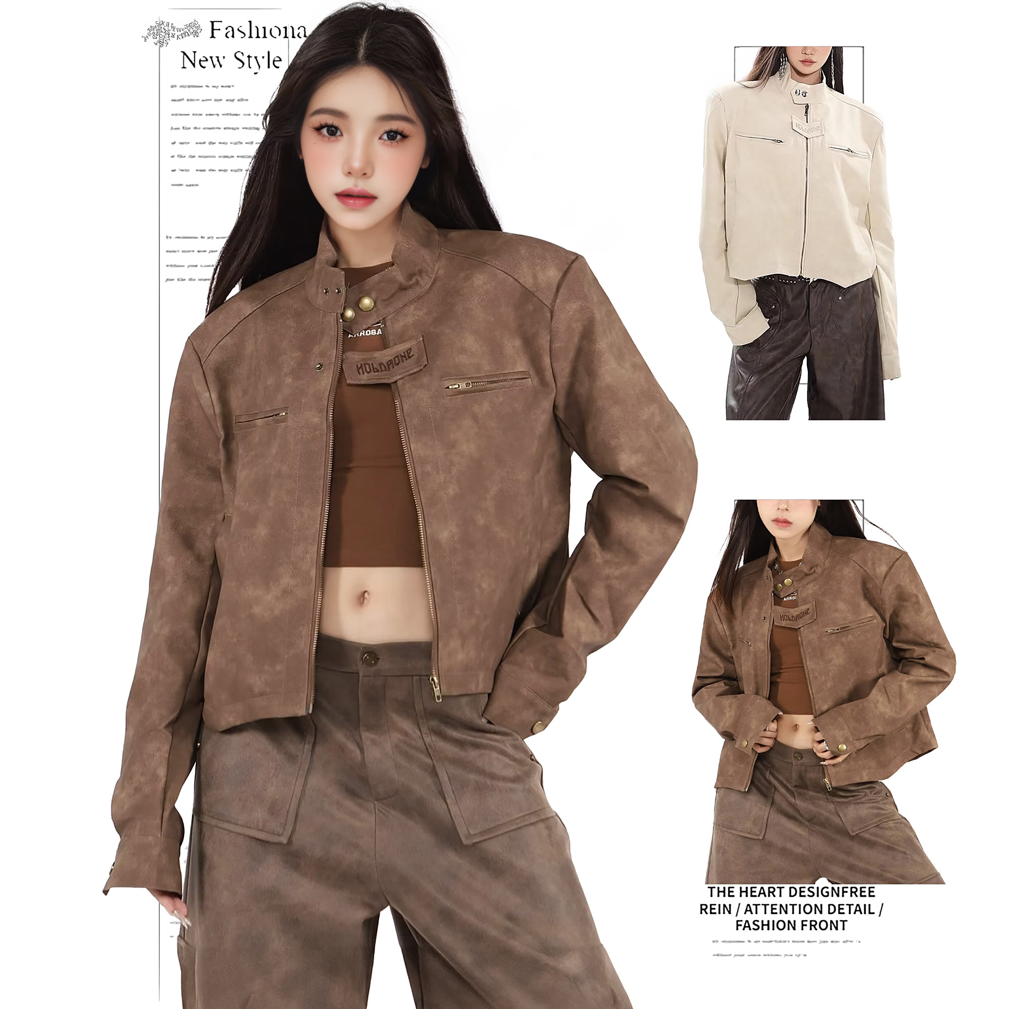 DUSK美式复古美拉德短款机车pu皮衣夹克外套女春秋冬小众棉衣棉服