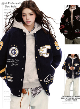 DUSK美式复古刺绣字母棒球服外套女宽松春秋运动潮牌立领夹克上衣