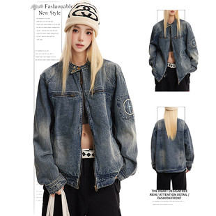 DUSK美式 复古水洗做旧牛仔外套女春秋宽松设计感刺绣拉链夹克上衣