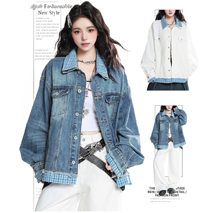 DUSK美式 休闲假两件拼接牛仔外套女春秋宽松复古松弛感做旧夹克潮