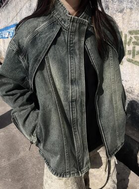 DUSK美式复古高街做旧水洗牛仔外套女春秋立领开衫宽松夹克上衣潮