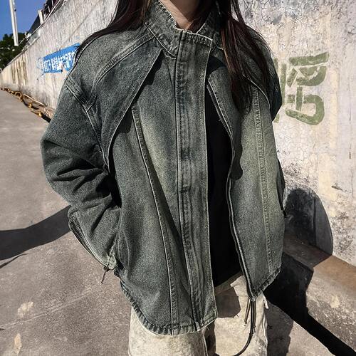 DUSK美式复古高街做旧牛仔外套男女春秋立领开衫宽松夹克潮流上衣