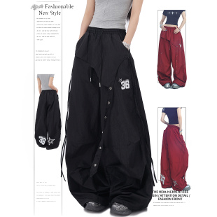 女宽松休闲慵懒小众街舞拖地长裤 DUSK美式 复古印花阔腿垂感休闲裤