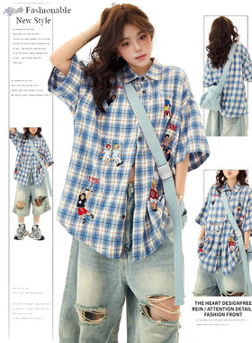 DUSK美式趣味刺绣小众翻领衬衣情侣街头复古氛围感宽松短袖衬衫女