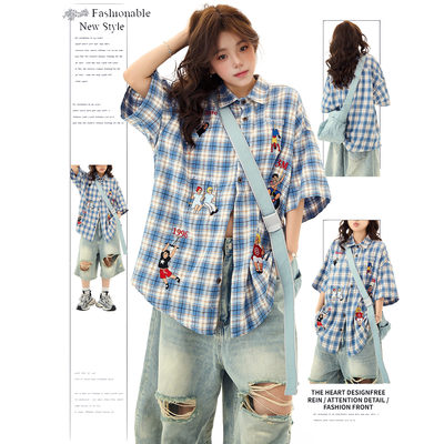 DUSK美式趣味刺绣小众翻领衬衣情侣街头复古氛围感宽松短袖衬衫女