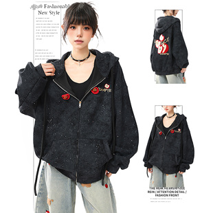 DUSK美式 外套潮 满天星苹果刺绣连帽卫衣女春秋宽松设计感百搭开衫