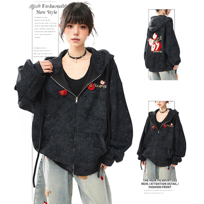 DUSK美式满天星苹果刺绣连帽卫衣女春秋宽松设计感百搭开衫外套潮