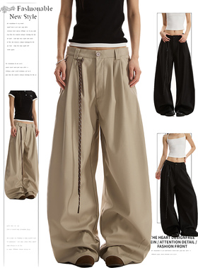 DUSK美式cleanfit简约双褶皱垂感弯刀西裤女春夏季阔腿镰刀长裤子