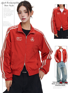 DUSK美式三条杠红色安可雷复古短款冲锋外套女春秋潮流夹克棒球服