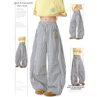 女垂感慵懒休闲弯刀阔腿裤 蓝色格子直筒裤 潮 子夏季 DUSK星星挂饰裤