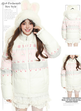 DUSK费尔岛复古雪花印花毛领连帽棉服外套女秋冬季新款面包服棉袄