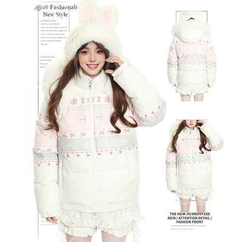 DUSK费尔岛复古雪花印花毛领连帽棉服外套女秋冬季新款面包服棉袄