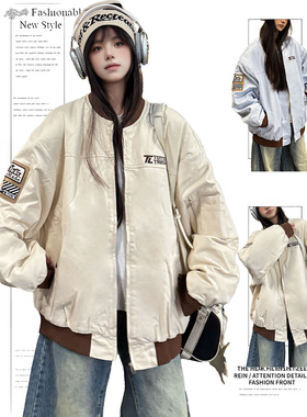 DUSK美式复古拼色棒球服拉链夹克春秋季宽松女国潮飞行服刺绣外套