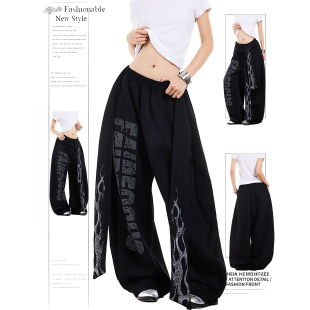 子潮 女宽松阔腿爵士舞裤 DUSK美式 复古小众字母火焰飘带休闲卫裤