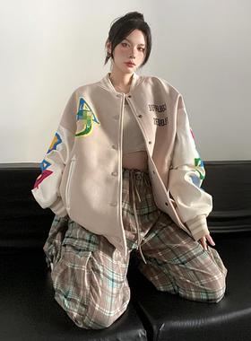 DUSK美式植绒毛巾绣拼色棒球服女春秋季潮牌宽松情侣百搭夹克外套
