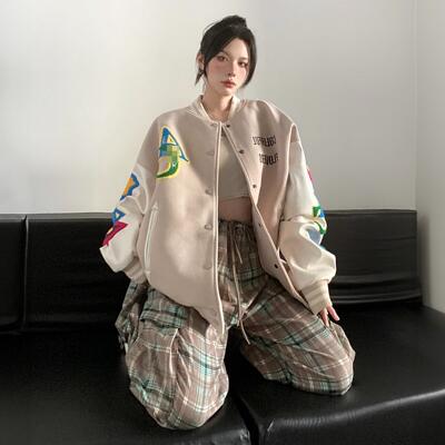 DUSK美式植绒毛巾绣拼色棒球服女春秋季潮牌宽松情侣百搭夹克外套