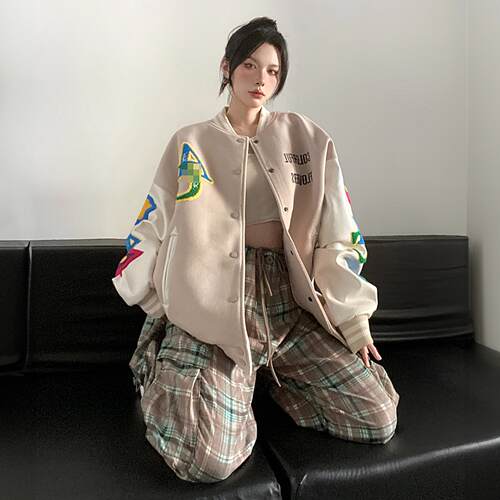 DUSK美式植绒毛巾绣拼色棒球服女春秋季潮牌宽松情侣百搭夹克外套