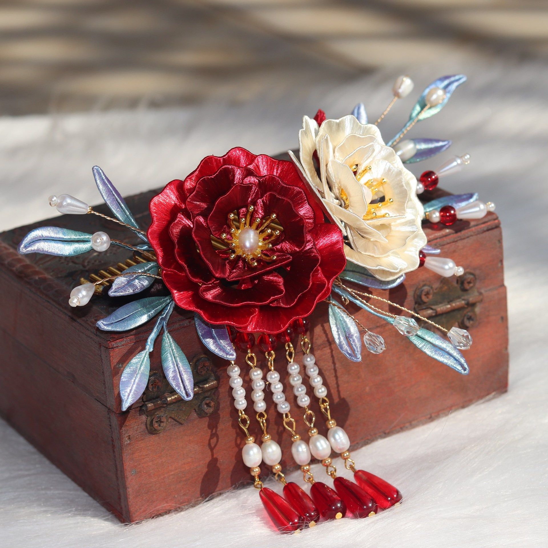 汉服古风缠花新娘后压发饰牡丹珍珠发簪婚庆明制富贵华丽簪子发钗